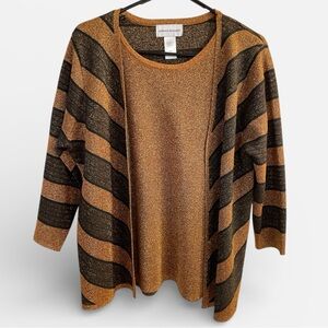 Alfred Dunner Women’s Small Metallic Faux Cardigan Top Copper Black Open Front